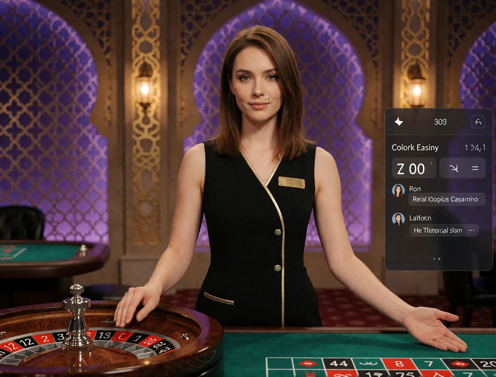Live-Dealerin an einem Roulette-Tisch mit Chat- und Spielanzeigen im Alawin Live Casino