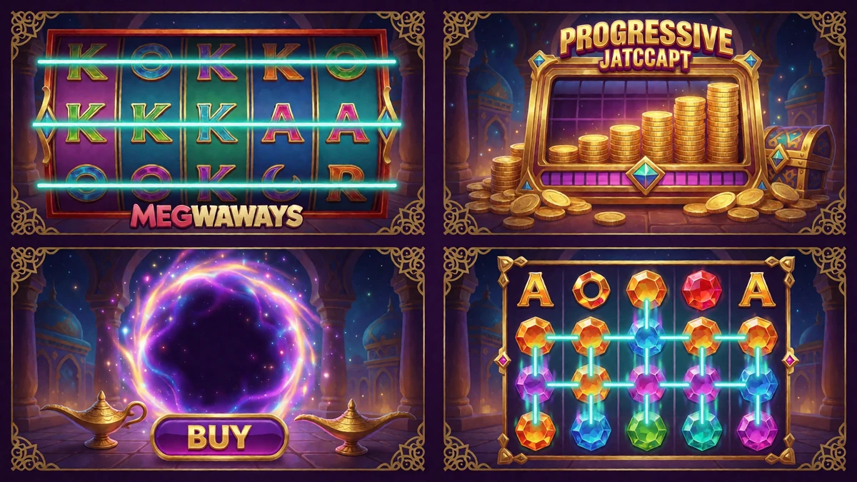 Vier Slot-Mechaniken im Vergleich: Megaways, progressiver Jackpot, Bonus Buy und Cluster Pays